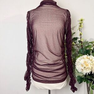 Maeve by Anthropologie Sheer Plum Mesh Ruched Turtleneck Top | Pink Polka Dots |